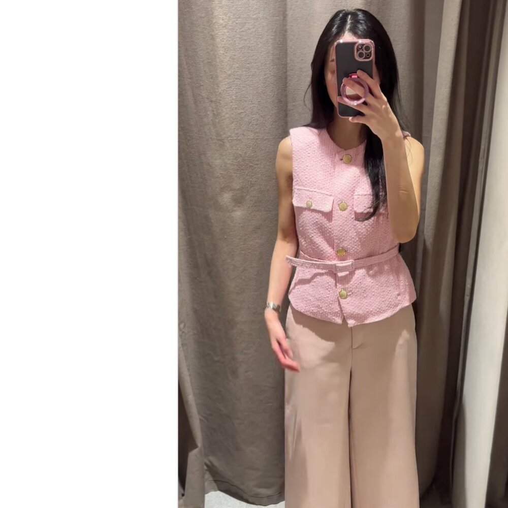 Zara Women Textured STRUCTURED BELTED VEST Pink M NWT - Picture 7 of 14